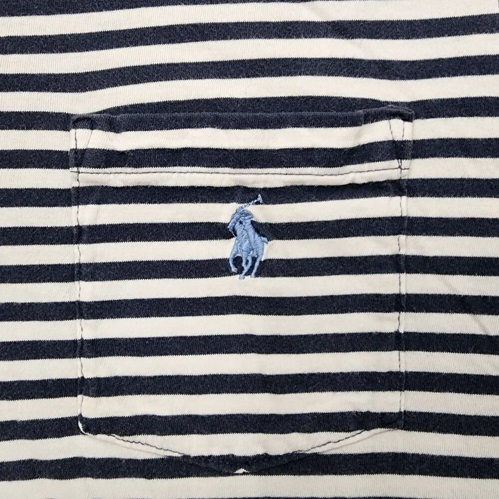 Polo Ralph Lauren Mens L Classic Fit Navy And White Striped Pocket 100% Cotton